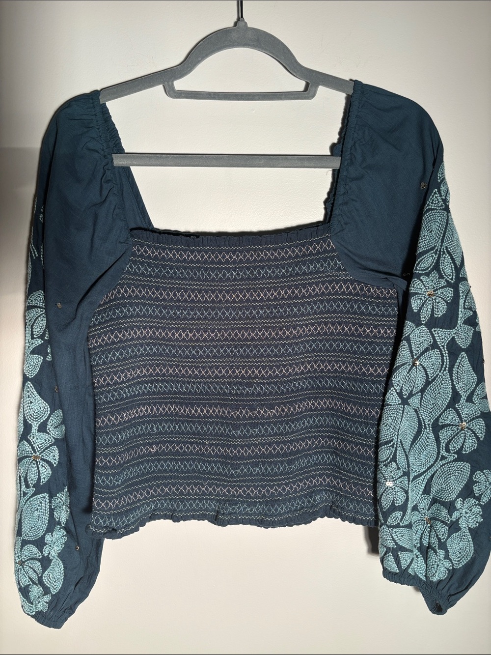 Anthropologie Teal Blue Embroidered Puff-Sleeve Crop Top